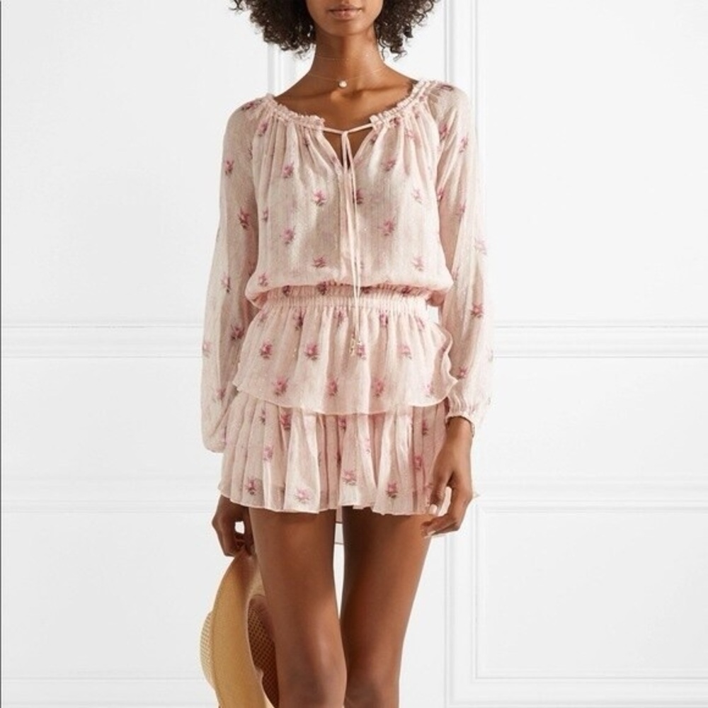 LoveShackFancy Popover Mini Dress in Vintage Rose Pink Gold Floral